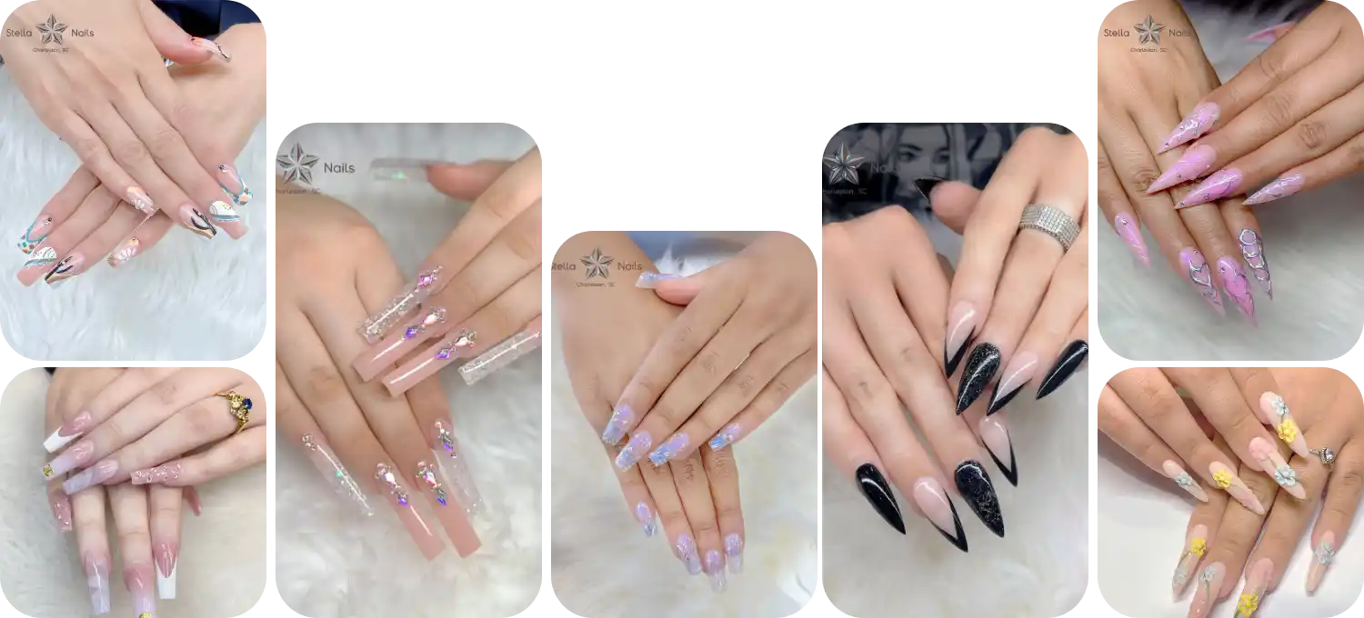 A collage of beautiful nail art designs from Stella Nails