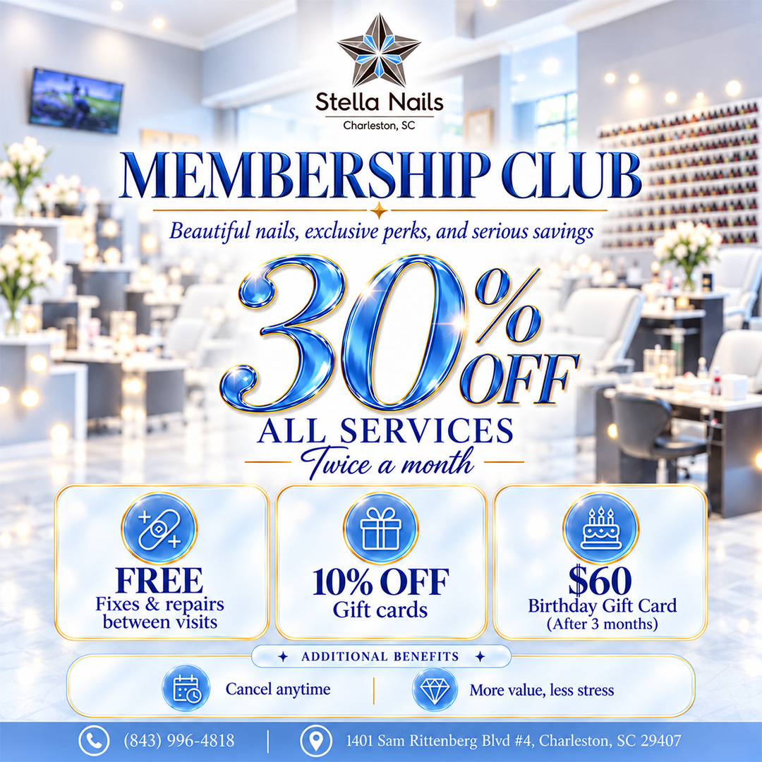 Stella Nails Membership Club: 30 percent off all services twice a month, free fixes and repairs, 10 percent off gift cards, and a birthday gift card
