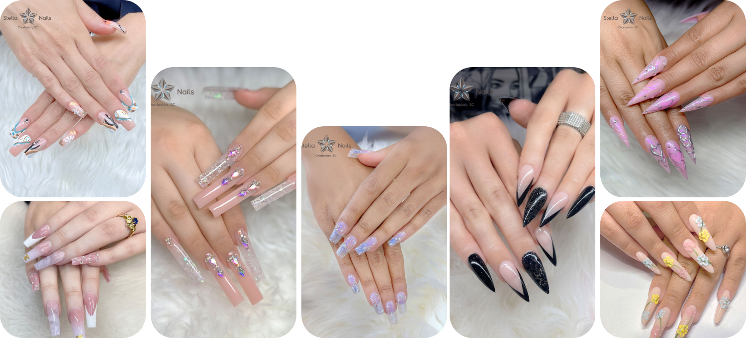 A collage of beautiful nail art designs from Stella Nails